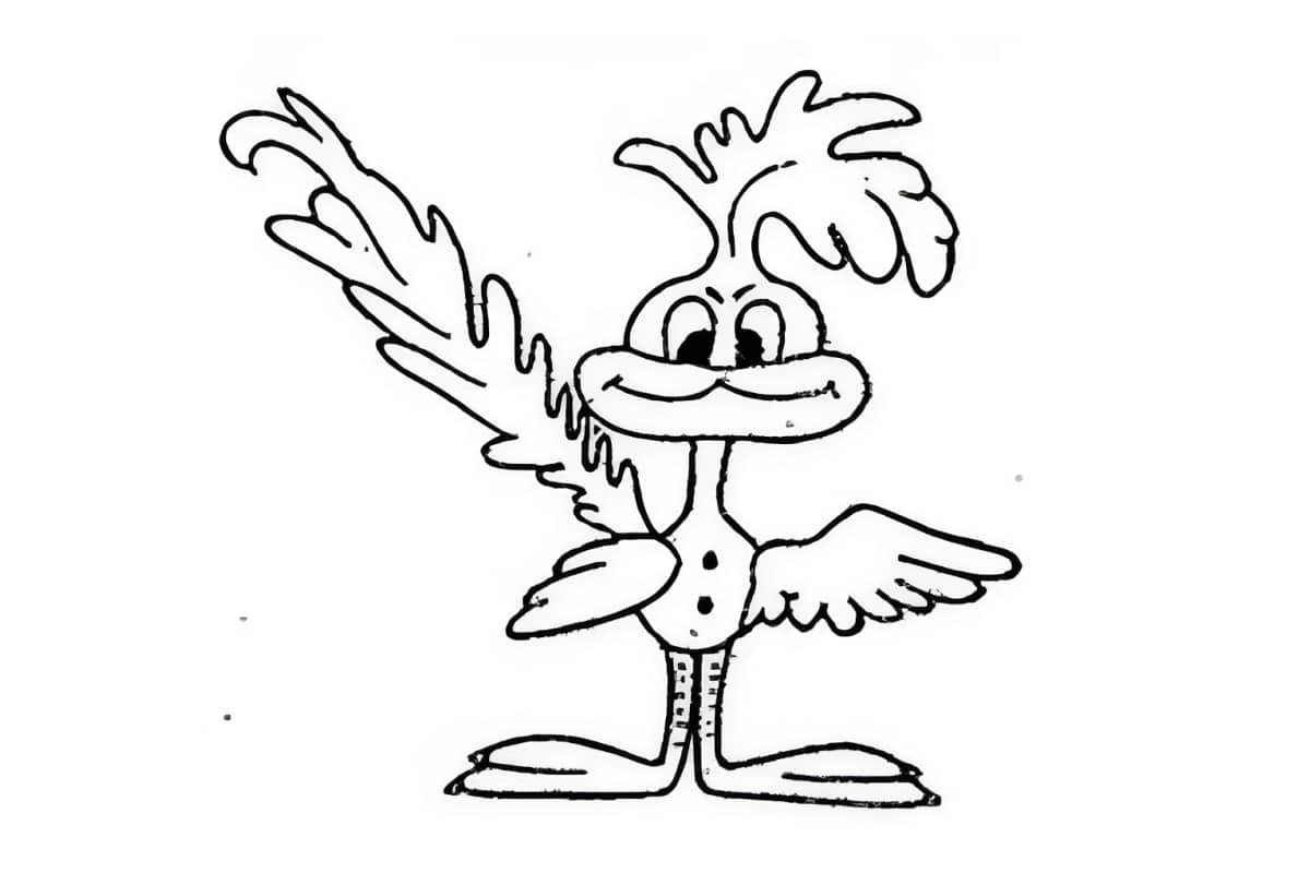 Cartoon character with wild hair and big smile standing with arms outstretched in cheerful pose.