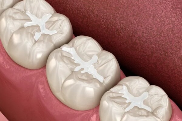 Three dental crowns displayed on pink gum model showing restoration work.